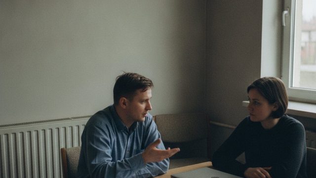 Rozmowa dwojga osob przy stole w niewielkim biurze, na stole dokumenty i laptop