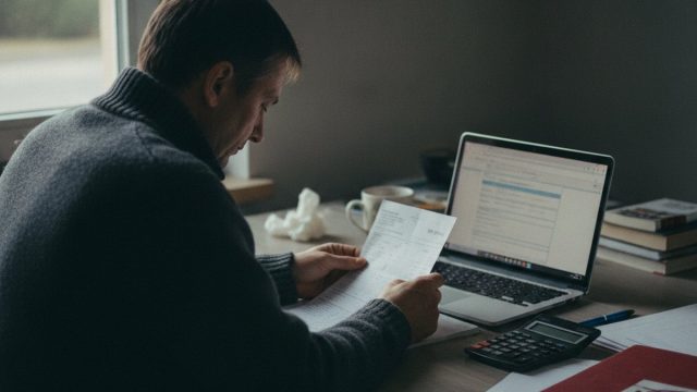 Rozliczenie podatkowe przy kuchennym stole: pasek wynagrodzenia, laptop i kalkulator