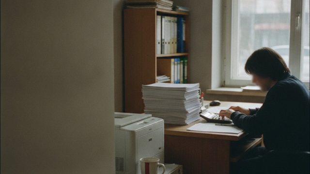 Biuro rachunkowe, osoba przy biurku z kalkulatorem i stosem dokumentow