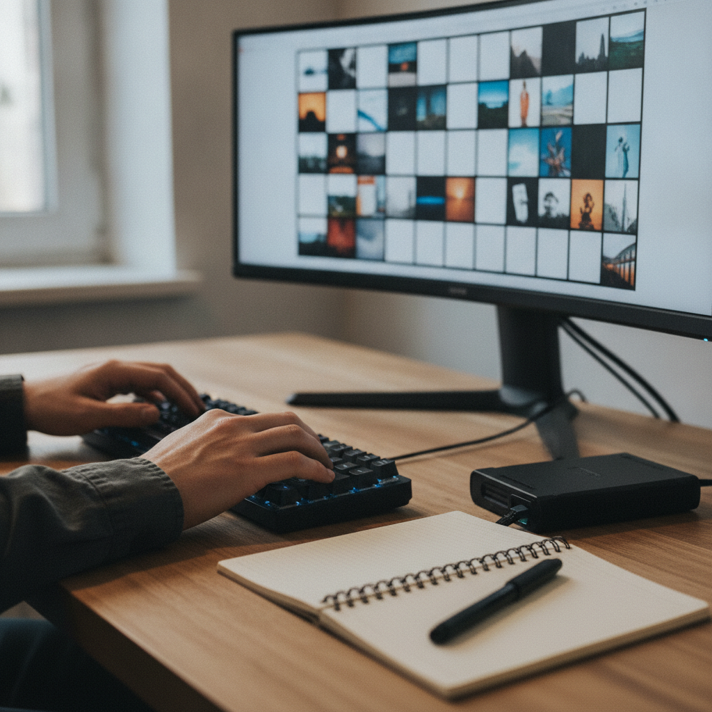 Pracownik biurowy kategoryzujący foldery z miniaturami materiałów wizualnych na ekranie laptopa.