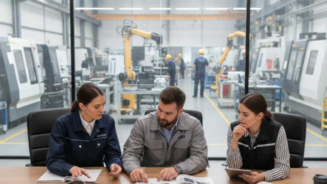 Zespół specjalistów i inżynierów w kaskach ochronnych analizujący dokumentację techniczną oraz oferty w hali produkcyjnej.