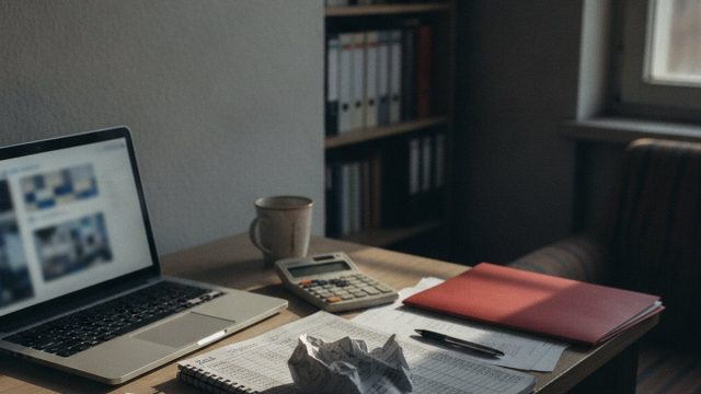 Domowe biurko przedsiębiorcy z kalkulatorem, notesem z wyliczeniami i czerwoną teczką