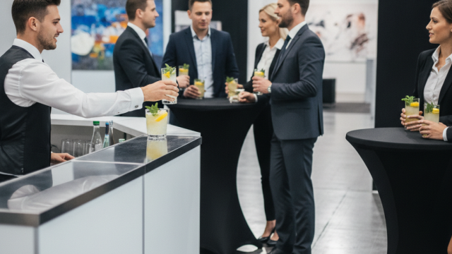 Elegancki mobilny bar z barmanem obsługującym gości na firmowym stoisku targowym.
