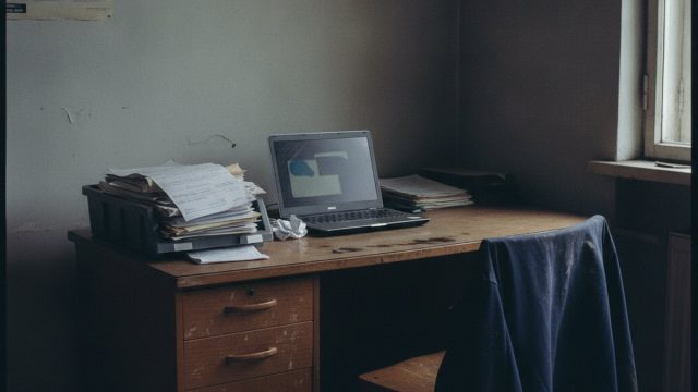 Biurko jednoosobowej firmy z laptopem i fakturami w tacce