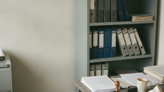 Segregatory z aktami pracowniczymi na regale w dziale kadr