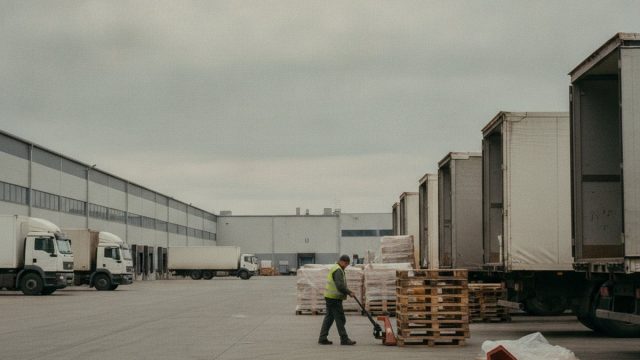 Ciężarówki przy rampach centrum logistycznego