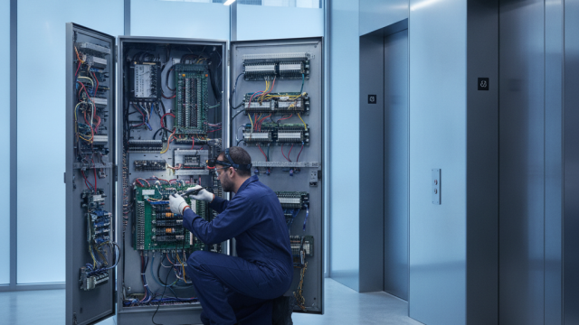 Technik naprawiający elektronikę w otwartej szafie sterowniczej unieruchomionej windy w biurowcu.